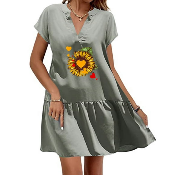 Casual Summer Dresses for Women V Neck Short Sleeve Cotton Linen Dress Print Solid Color Ruffle Hem Swing Mini Dress