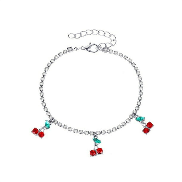 Rhinestone Anklet Pulseras Tenis Cadena Cereza Pulsera Cristal Anklet Pie Cadena Pulsera Cristal Brazalete Rhinestone Boda Nupcial para Mujeres Joyería del Cuerpo
