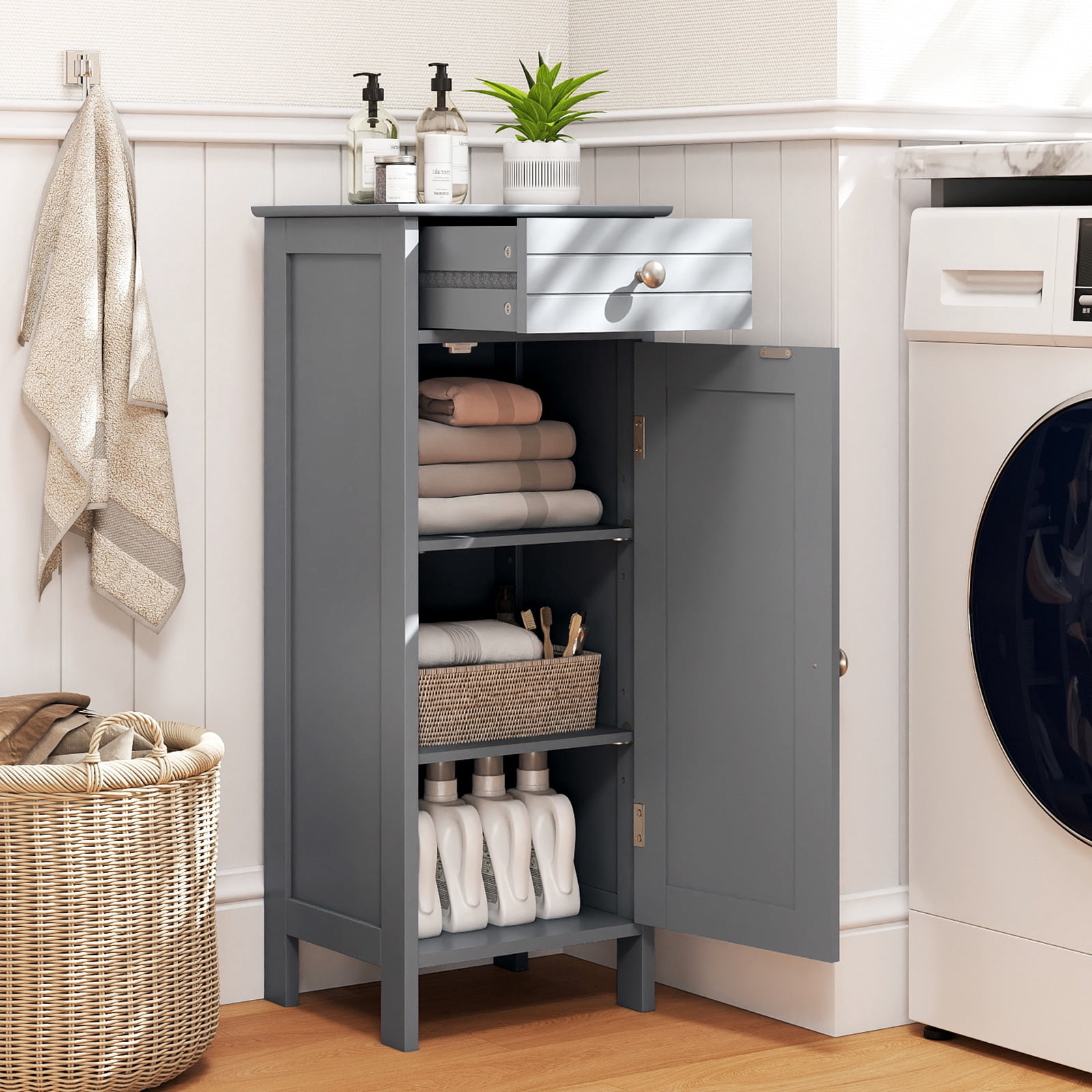 Costway Bathroom Storage Floor Cabinet Organizer Free-Standing w/ Drawer Grey