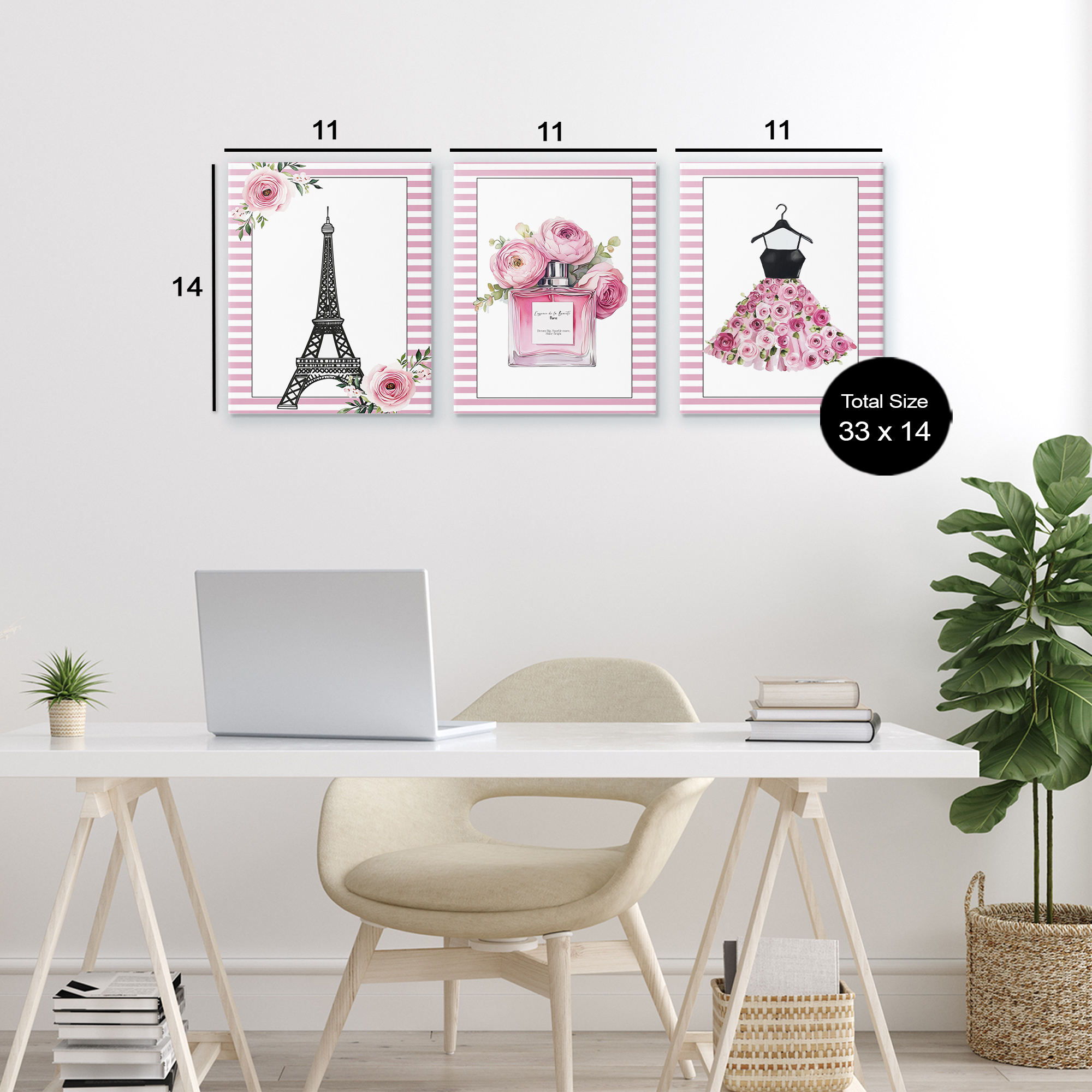 Parisian Glam with Stripes 3 Piece Canvas Wall Art Set, design by Christine Simpson Art