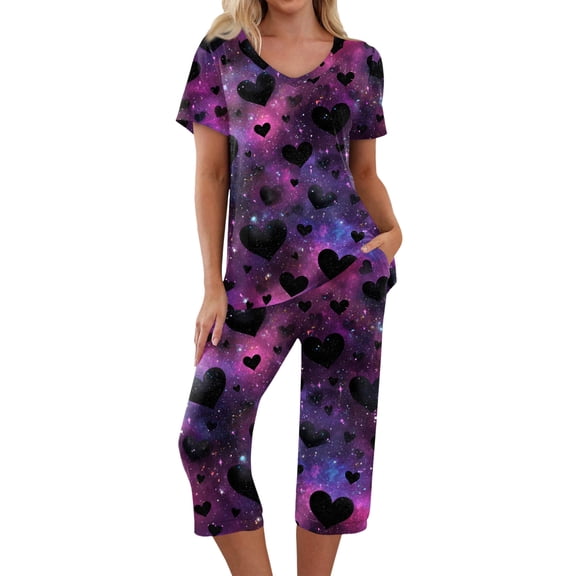 Garbnen Valentine Pajamas for Women Set V Neck Capri Pants and Short Sleeve Top Heart Graphic Print Sleepwear 2 Pieces Fall Clothes with Pockets