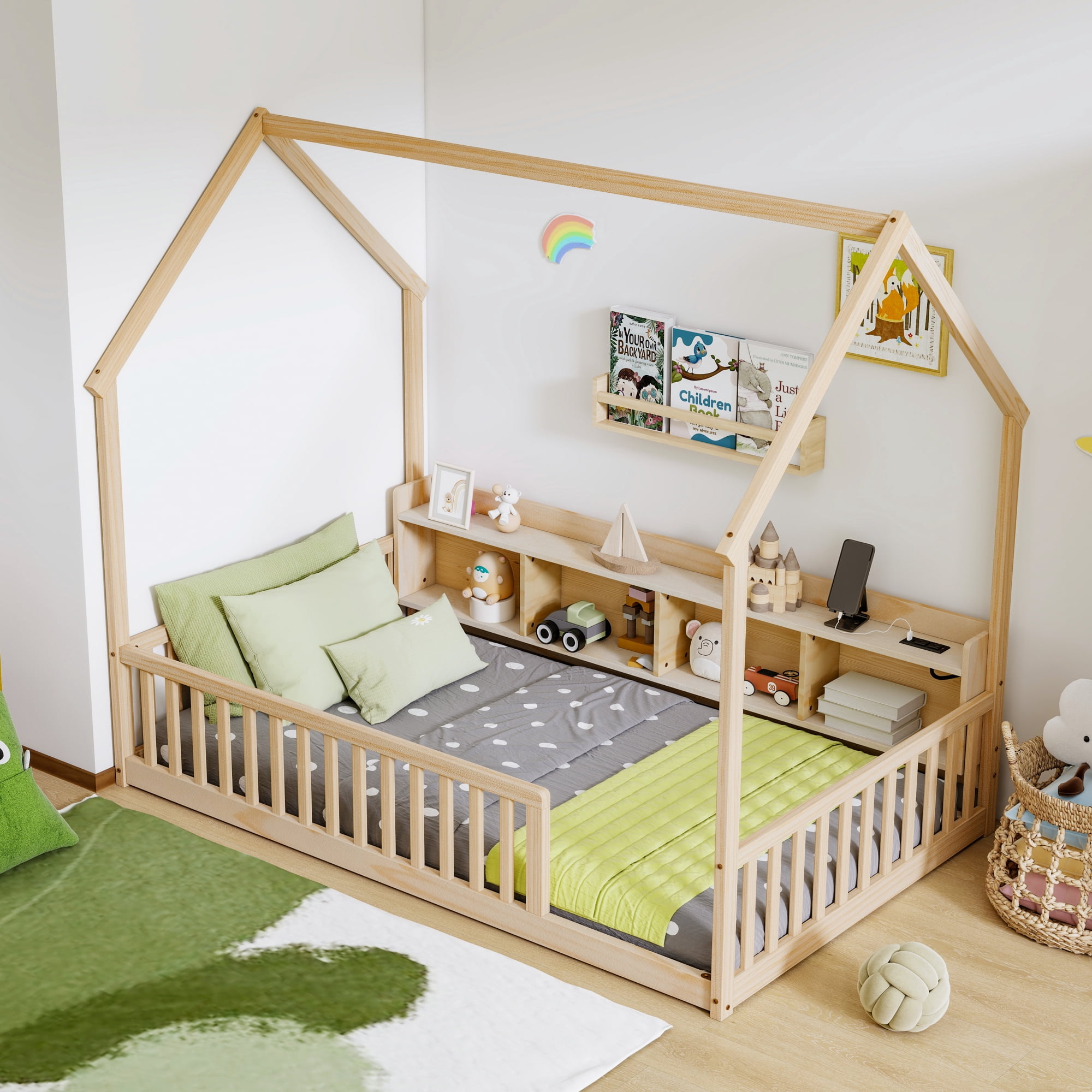 Leumius Twin Size House Floor Bed with Storage Shelves,Built-in LED Lights & Charging Station,Pine Wood Floor Bed Frame with Safety Guardrails for Kids Bedroom Natural