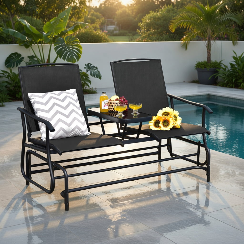Hommoo 2-Person Outdoor Rocking Loveseat with Tempered Glass Center Table, Steel Frame Patio Seating, Black