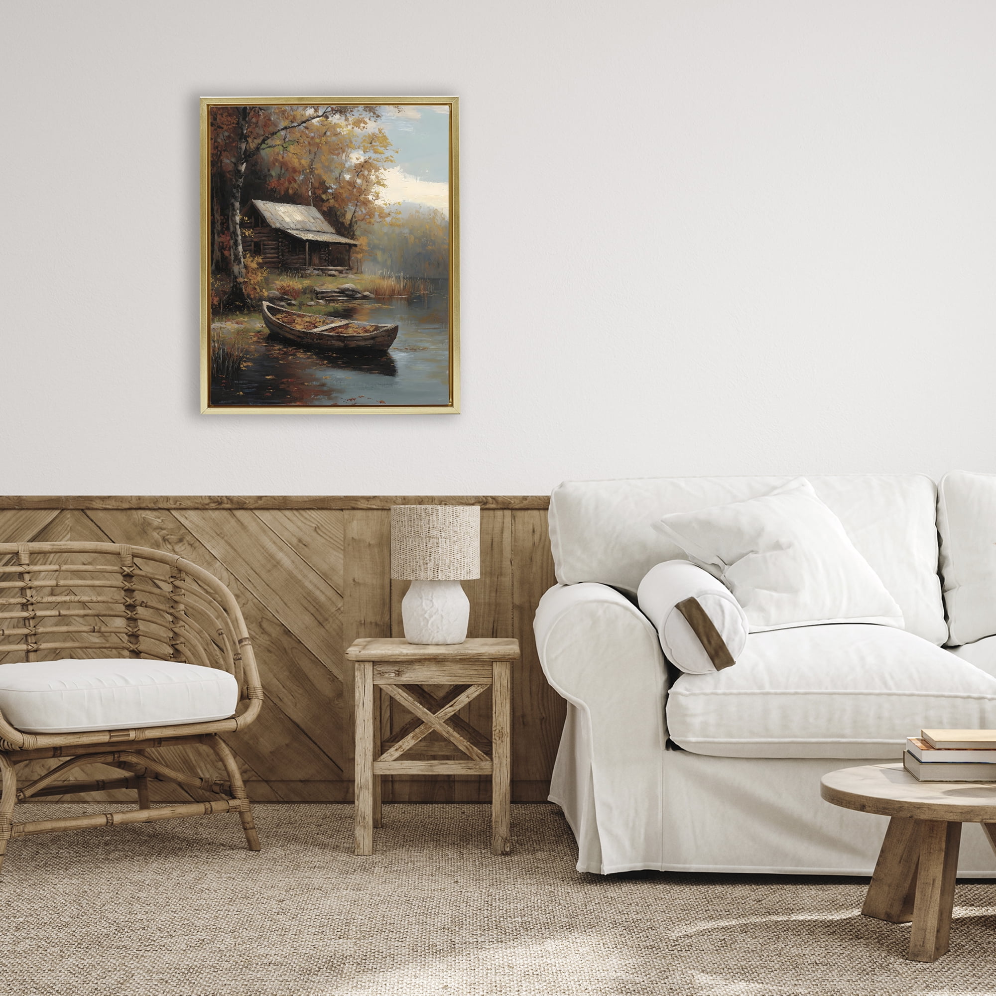 Autumn Cabin Canoe with Leaves Gold Framed Floater Canvas Wall Art, design by Arlington Prints
