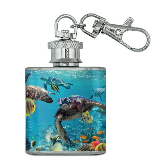 Ocean Coral Reef Sea Turtles Diving Stainless Steel 1oz Mini Flask Key Chain