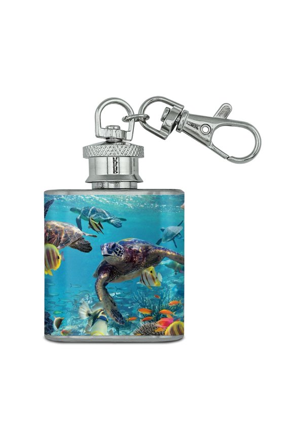 Ocean Coral Reef Sea Turtles Diving Stainless Steel 1oz Mini Flask Key Chain