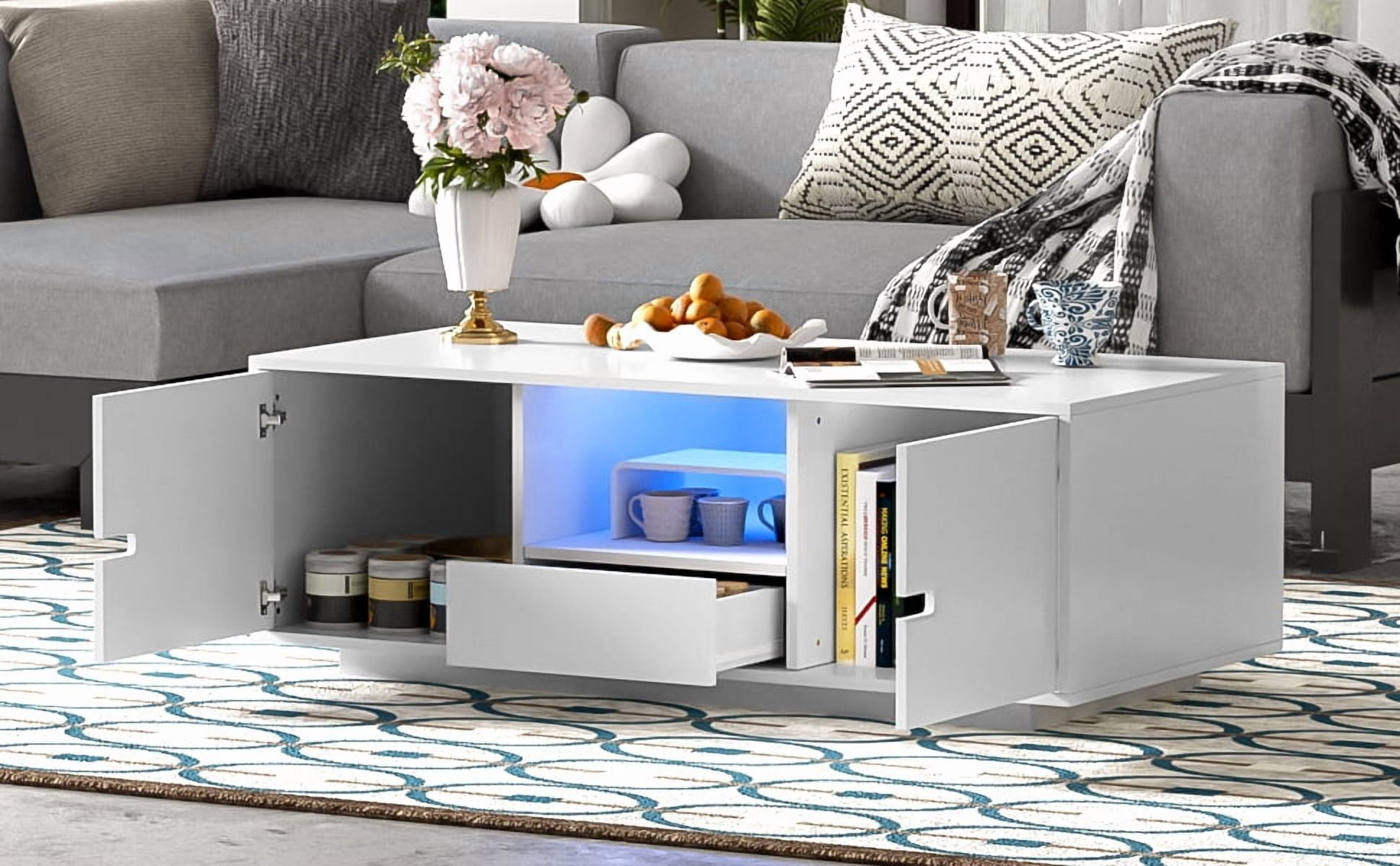 Euroco Modern High Gloss Coffee Table with LED Lights, 16 Colors & Remote Control, Storage Drawer and Cabinets, MDF Living Room Center Table with Shelves, 47.2''W x 23.6''D x 15.7''H