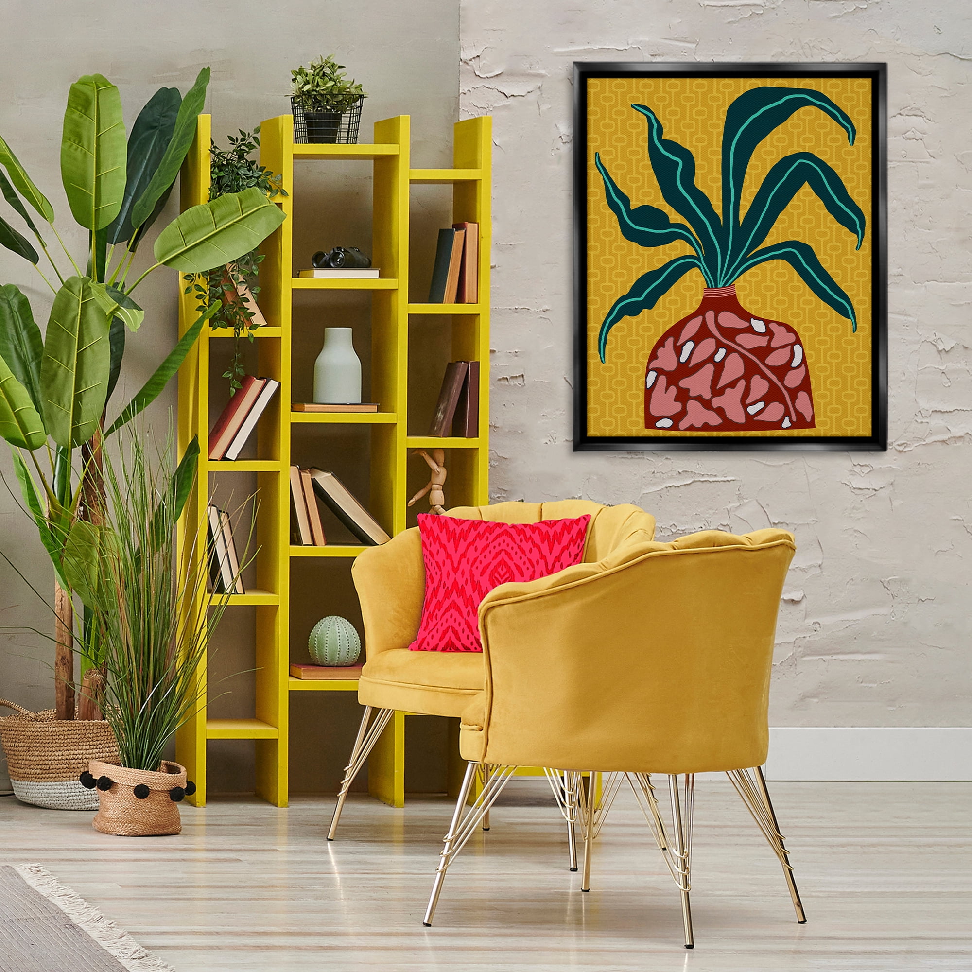 Stupell Industries Spider Plant on Yellow Plants & Flowers Painting Black Floater Framed Canvas Art Print Wall Art, 25 x 31