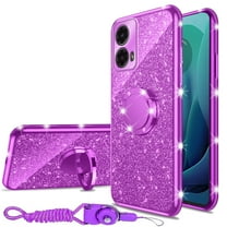 nancheng for Motorola Moto G 5G 2024 Case (6.6-inch) Girls Women Cute Glitter Soft TPU Phone Case with Ring Kickstand Strap Lanyard Shockproof Protective Cover - Purple