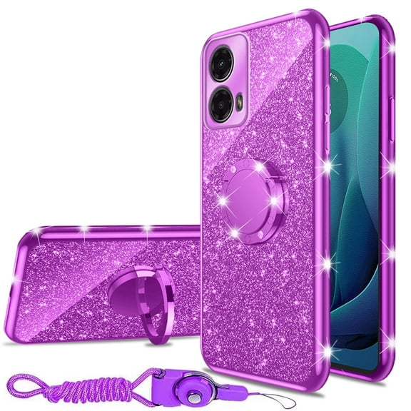nancheng for Motorola Moto G 5G 2024 Case (6.6-inch) Girls Women Cute Glitter Soft TPU Phone Case with Ring Kickstand Strap Lanyard Shockproof Protective Cover - Purple