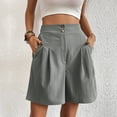 thumbnail image 6 of Rggeeun Women'S Shorts Solid Color Elastic Waist Knit Soft Breathable Loose Fit Knee-Length Pleated With Side Pockets & Button For Summer Vacation Beach Versatile Bottoms,Grey,S, 6 of 7