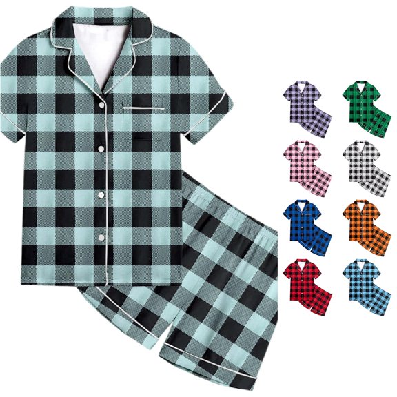HAYIMI Kids Boys Girls Plaid Printed Short Sleeve Button Lapel Blouse Tops And Shorts Sleepwears Pajama Sets, 6-7 Years