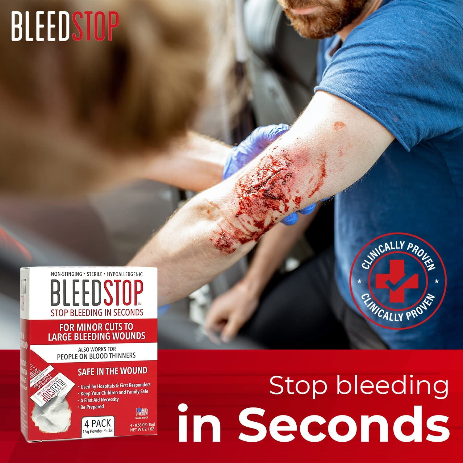 ™ First Aid Powder for Blood Clotting, Trauma Kit, Thinner Patients, Camping Safety, and Survival Equipment Moderate to Severe Bleeding Wounds or Nosebleeds - 4 (15g) Pouches