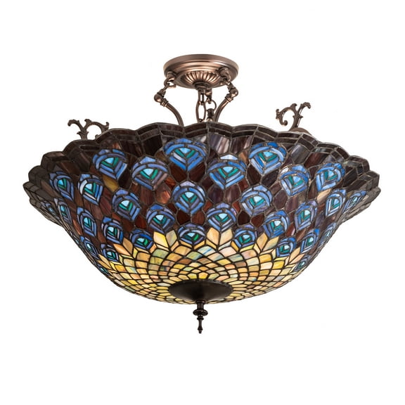 Meyda Tiffany 197238 Peacock Feather 3 Light 24" Wide Semi-Flush Bowl Ceiling Fixture -
