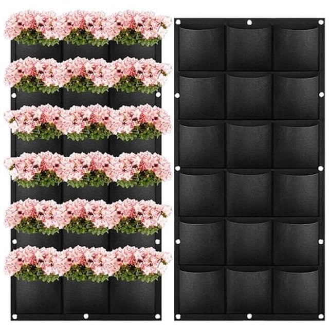 Bolsa para plantas de pared vertical negra para exteriores e interiores con 18 bolsillos para balcones y patios