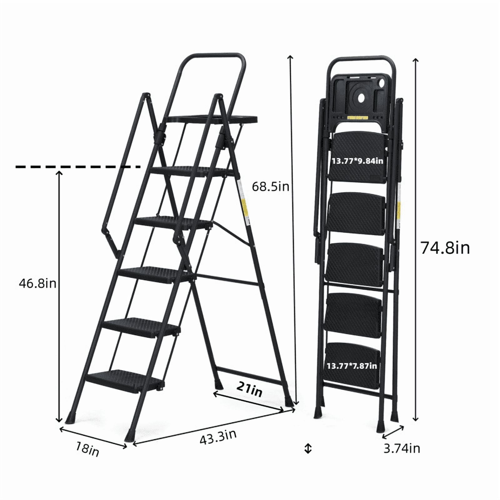 5-Step Foldable Steel Ladder, Step Stool with Detachable Tool Tray & Handrails, Wide Non-Slip Pedals, Lightweight Portable Folding Step Ladder for Home Kitchen Painting Cleaning