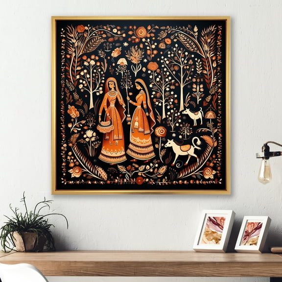 Designart "Rajasthani Folklore Tales Indian Art II" People Framed Wall Art - Traditional Orange Indian Art Hallway Framed Wall Art Decor