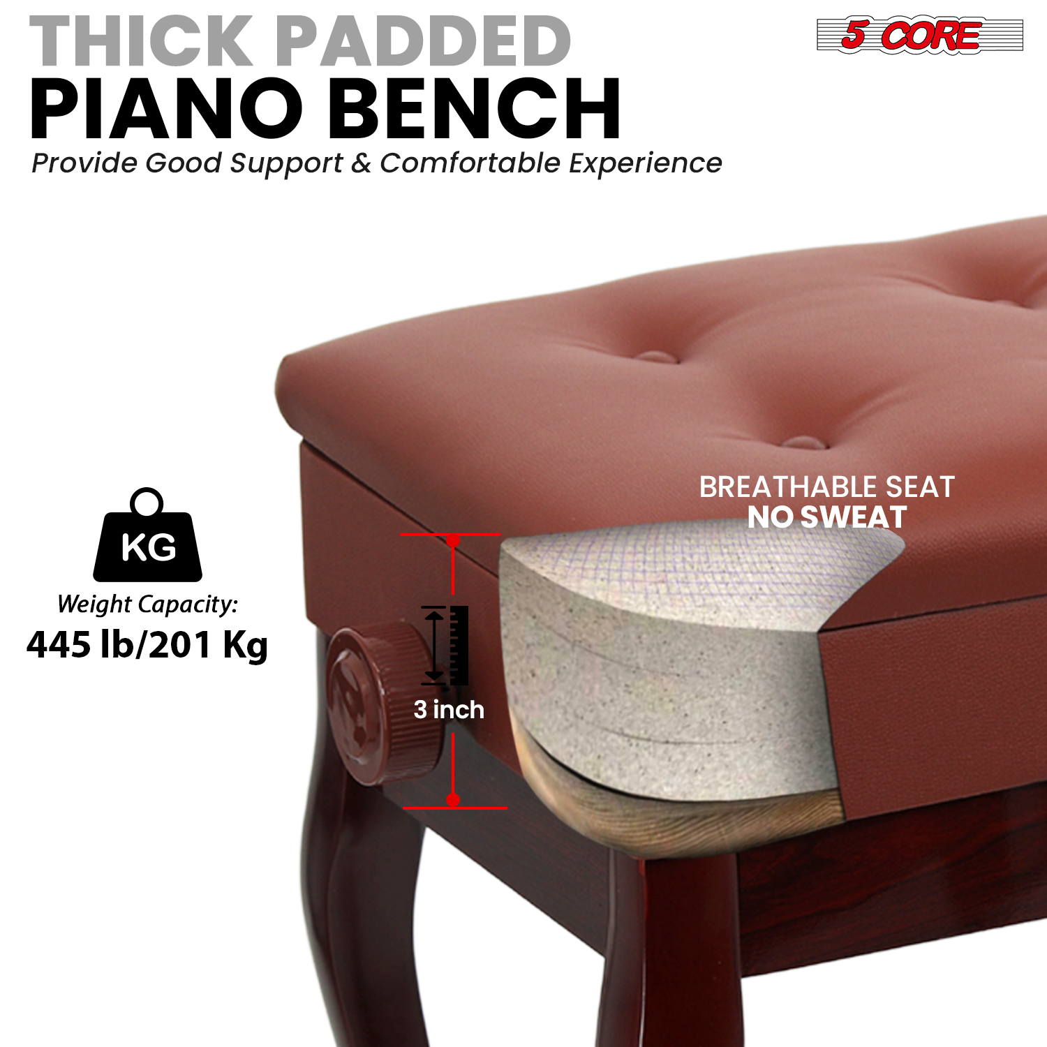 5 Core Adjustable Piano Bench Thick 3.25" Solid Wood Keyboard Stool Heavy Duty Musician Chair