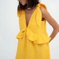 thumbnail image 4 of Robe Maxi à Étages Sans Manches à Col en V pour Femme, Plage, à Bretelles à Nouer, Smockée, Longue, Plissée, Robe d'Été Jaune G, 4 of 9