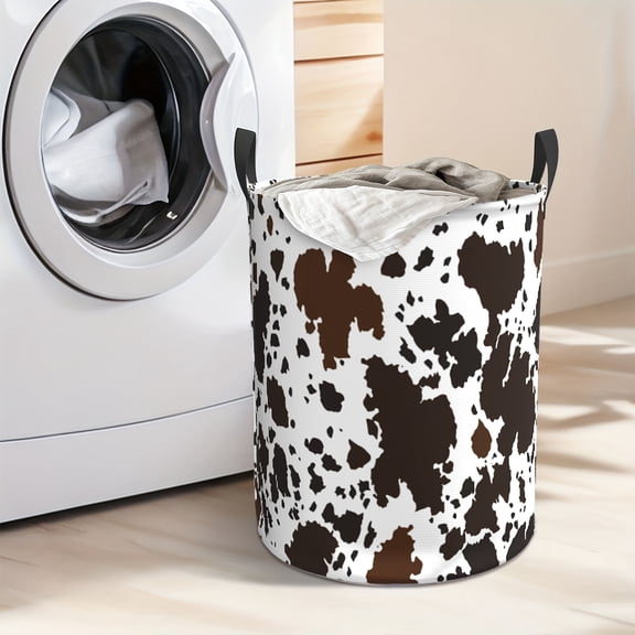 Farmhouse-style Cow-print Laundry Basket - Foldable Round Basket with Handle, Durable Oxford Cloth Storage Bin, 19.6x15.7 Inches, Suitable for Bathrooms, Bedrooms, Laundry Rooms