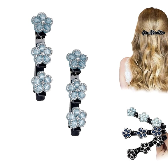 Sparkling Crystal Stone Braided Hair Clips, Double Layer Braided Rhinestone Flower Hair Clips, Decorative Rhinestone Flower Hairs Barrettes Hairs Styling Accessories (Light blue*2)