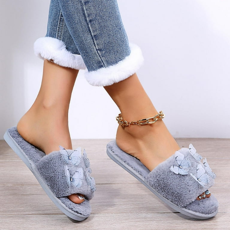 Women's Fuzzy Fluffy Wedge Slippers Sandals Open Toe