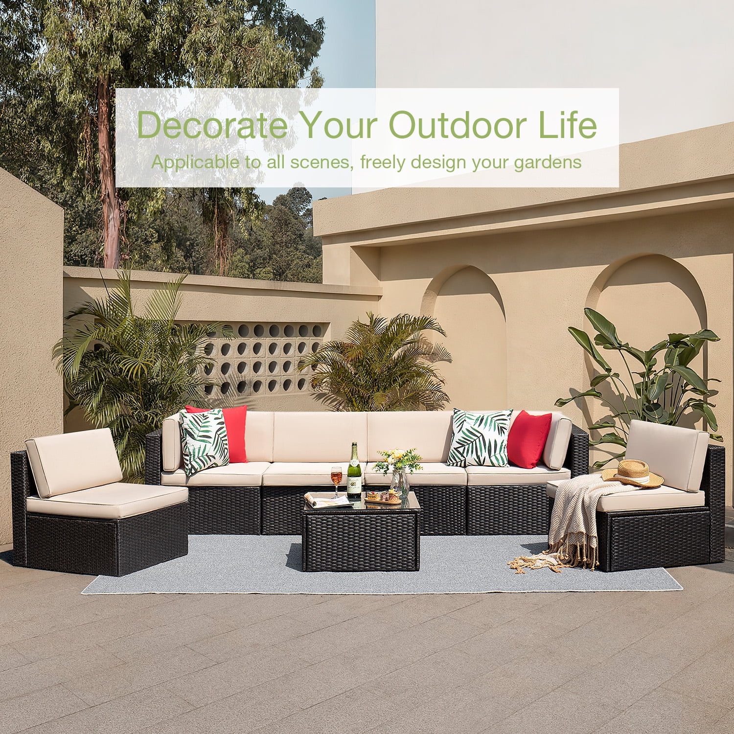 Vineego 7 Pieces Outdoor Patio Furniture Sets Wicker Sectional Sofa All-Weather PE Rattan Conversation Sets, Beige