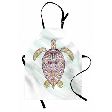 Ethnic Apron Tribal Motifs on a Shell of a Sea Turtle Colorful Floral Design Underwater Animal, Unisex Kitchen Bib Apron with Adjustable Neck for Cooking Baking Gardening, Multicolor, by Ambesonne