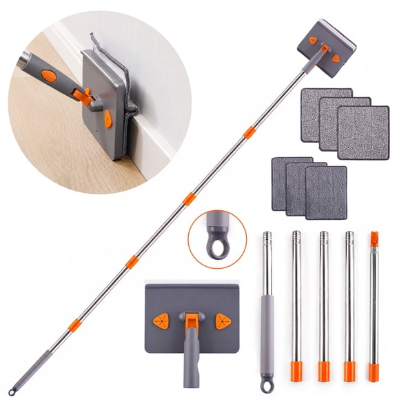 Wavraging Baseboard Cleaner Tool with Handle, Extendable Long Handle Baseboard Cleaning Duster with 6 Resuable Pads, Wall and Baseboard Cleaner Mop for Floor & Ceiling Cleaning Tool