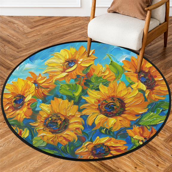 CURLYOOT Round Rug 3ft Oil Painting Sunflower Area Rug, Washable Circle Mat Non Slip Floor Carpet Mat, Soft Indoor Rugs for Entryway Living Room Dining Room Bedroom
