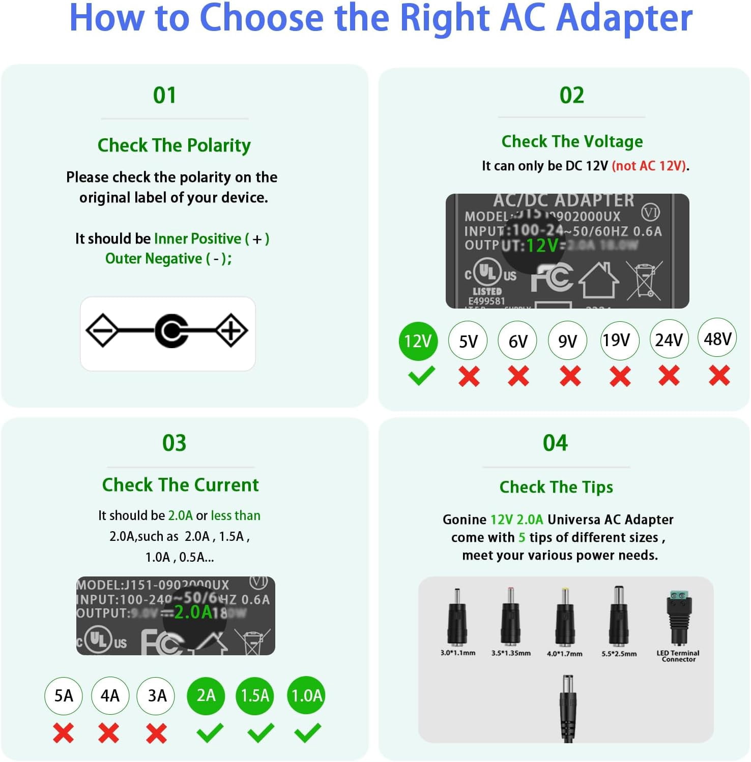 Gonine 12V 2A 1A Power Adapter Charger,  12Volt DC Power Cord for 12Vdc 2000mA 1500mA 1000mA 500mA devices with 5 Tips. US Plug