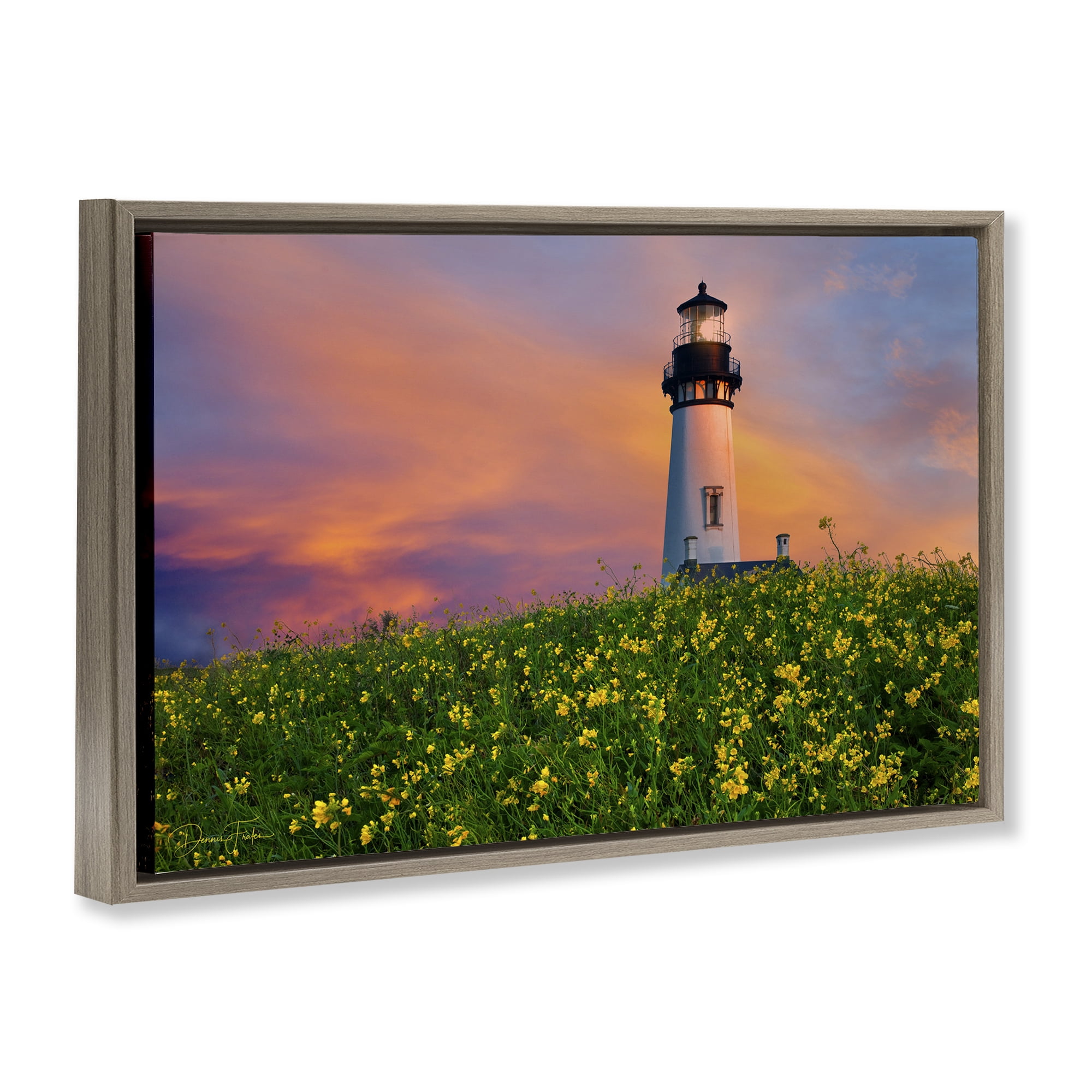 Stupell Industries Lighthouse & Floral Meadow Coastal Photography Brown Floater Framed Canvas Art Print Wall Art, 25 x 17