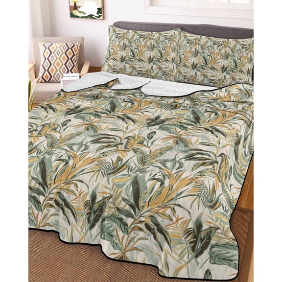 Summer Palm Twin Size Down Alternative Comforter, Lightweight Comforter Quilt Bedding Set with Pillow Shams Vintage Tropical Botanical Leaves All Seasons Bed Comforter Duvet Insert 68"x86"