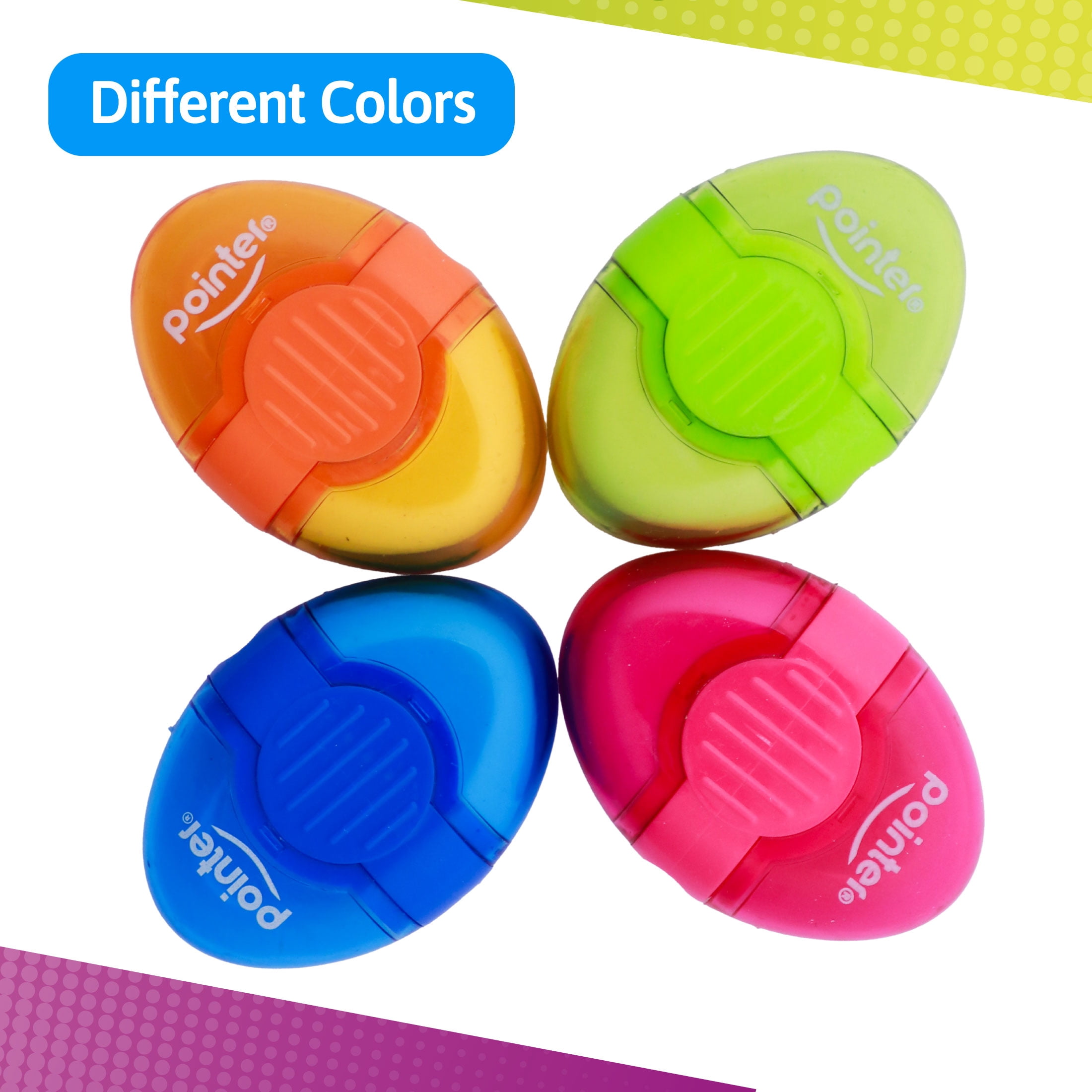 Pointer Handheld Manual Pencil Sharpeners, Oval‑Shaped, Single‑Hole, 2‑in‑1 Eraser and Container, Assorted Colors, 24 Count, 1 pack