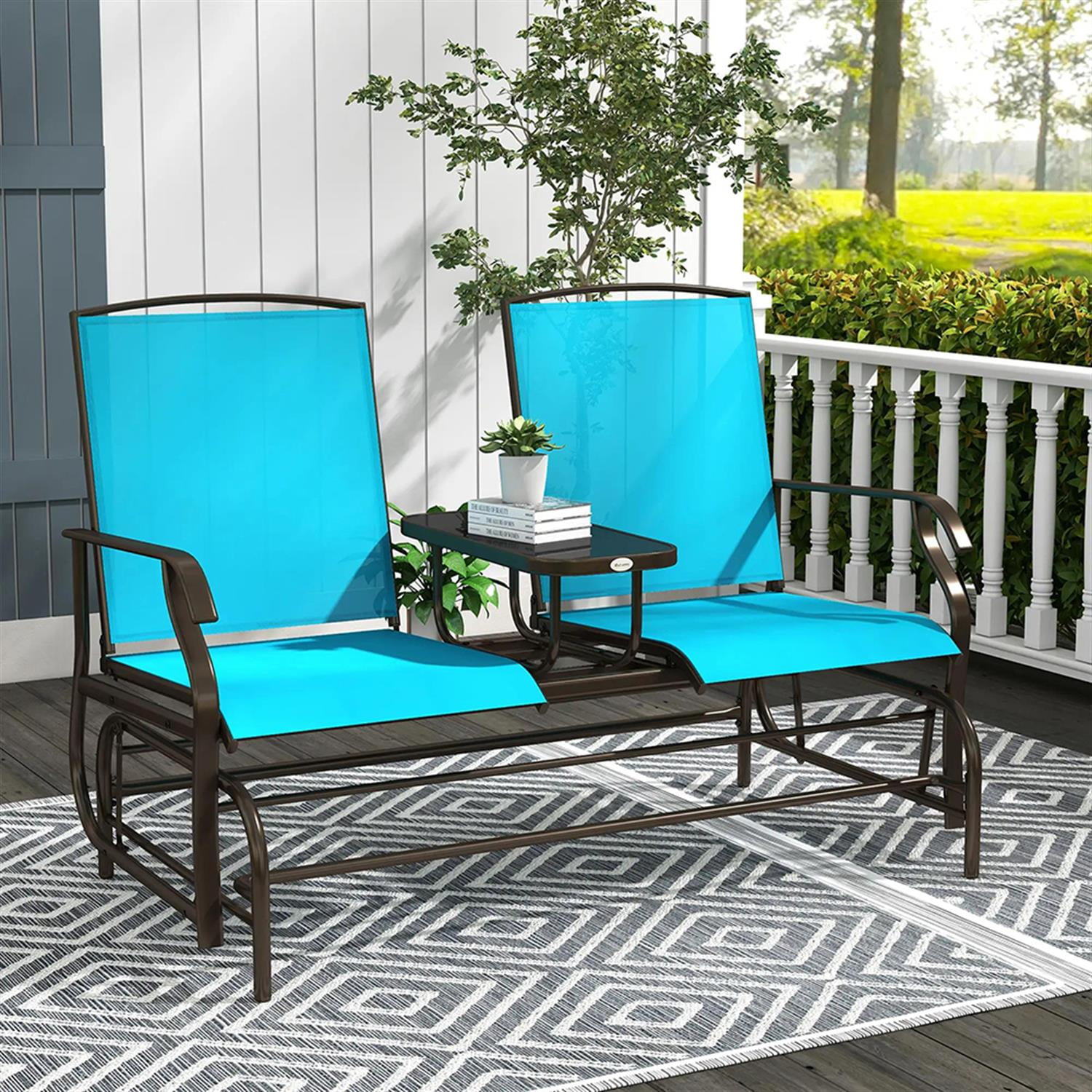 Demi Bonn Outdoor Glider Chairs with Center Table, Metal Frame Patio Loveseat Bench with Breathable Mesh Fabric and Armrests for Backyard Garden Porch, Blue