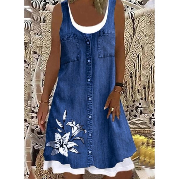 Women's A-Line Dress Sleeveless Spring Summer Casual Patchwork Print Knee Length Dress Fashion 3D Printing Denim Print Dress7XL Gao Jinjia LED