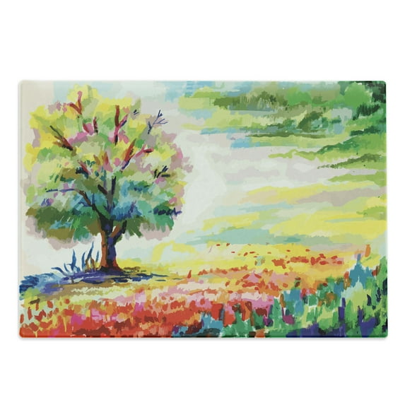 Nature Cutting Board, Colorful Hand Drawn Flowers Grass and Trees Forest Rural Scenery Watercolors Art, Decorative Tempered Glass Cutting and Serving Board, Large Size, Multicolor, by Ambesonne