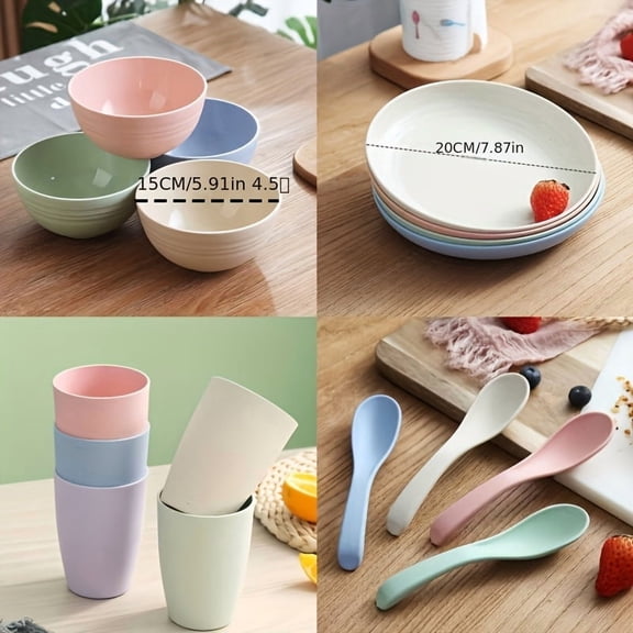 QUTETN 16-Piece Wheat Straw Dinnerware Set – Lightweight Reusable Plates, Bowls, Cups & Spoons for 4, Eco-Friendly Dish Set for Home, Camping, Kids & Outdoor Use – Pastel Colors