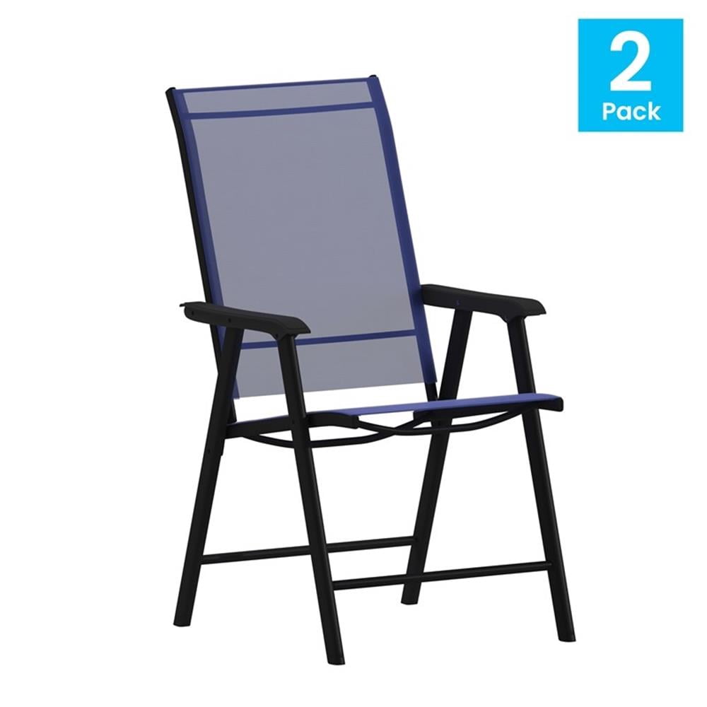 Bowery Hill Metal Folding Patio Sling Chair in Navy (Set of2)
