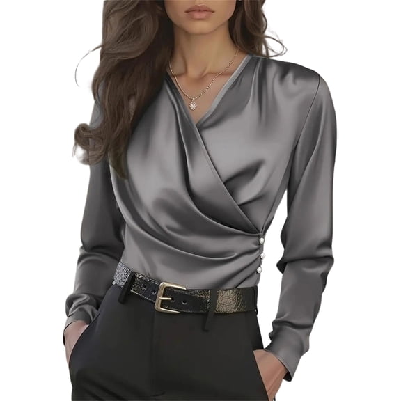 Stichou Women's Long Sleeve Satin Blouse, Wrap V-Neck 2026 Work Silk Shirts,Dressy Tops for Business Casual Office Gray S