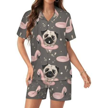 PRIYAL Women Satin Pajamas Shorts Sets Cute Pug Dog Silk PJs 2 Piece Outfits Shirt Lounge Pants Set