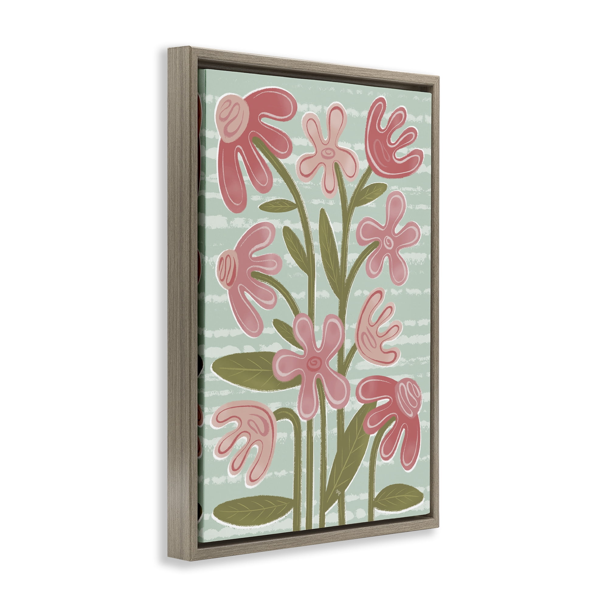 Stupell Industries Pink Whimsy Midcentury Flowers Brown Framed Floater Canvas Wall Art, design by Martina Pavlova