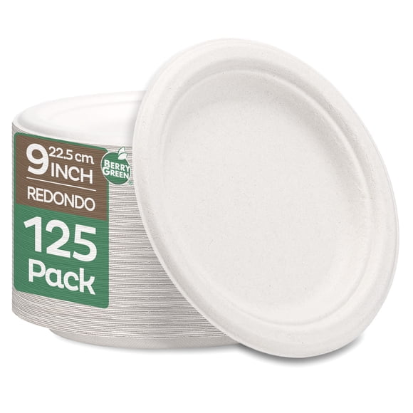125 Platos Redondos 100% Compostable 22.5 cm / 9 x 9 Pulgadas Color Blanco Berry Green PLR9B
