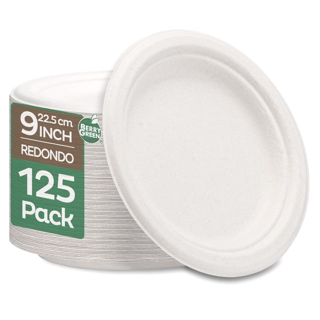 125 platos redondos 100% compostable 22.5 cm / 9 x 9 pulgadas color blanco Berry Green, paquete de 125 platos de papel de fibra de caña con borde elevado y textura fibrosa visible, aptos para alimentos fríos y calientes según especificación, ideales para fiestas, picnic y catering; también suelen usarse para servir raciones individuales en eventos.