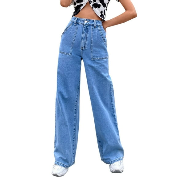 MuZeFu Wide Leg Jeans Women High Waisted Curvy Women's Solid Color Casual Large Pocket High Waist Versatile Straight Tube Loose Wide Leg Denim Pants