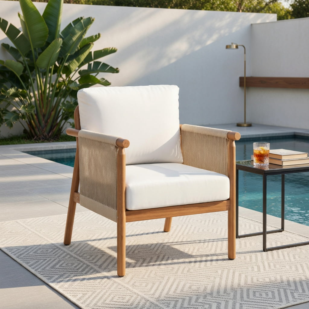 Hommoo Acacia Wood Patio Chair with Woven Rope Armrests, Outdoor Dining Chair for Backyard, Balcony, Porch, Ergonomic 106° Recline, White