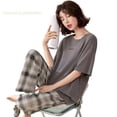 thumbnail image 2 of Conjunto de Pijama de manga corta para Mujer, ropa de dormir de punto a rayas, elegante, para estar en casa, talla grande 5XL, 2 of 4