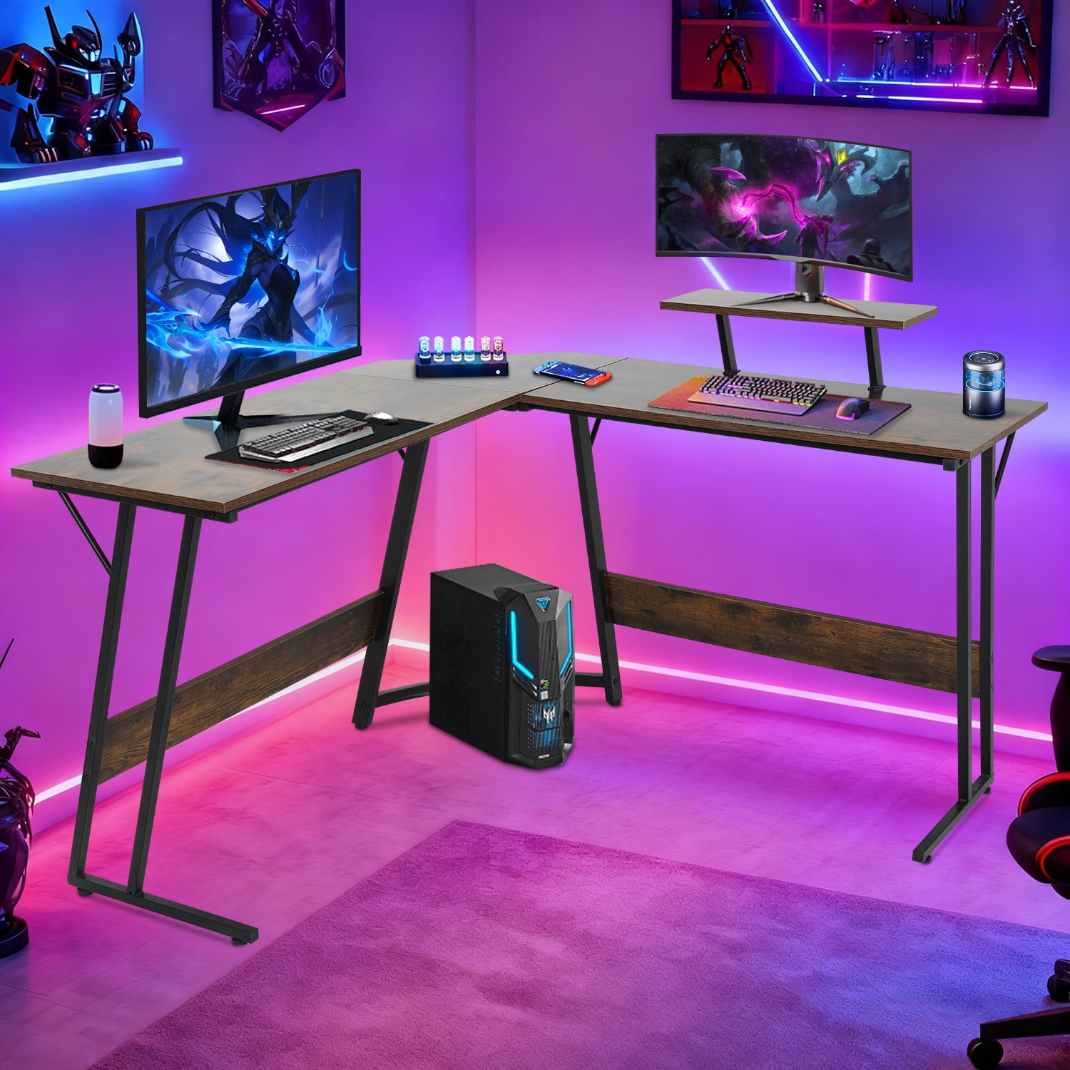 L-Shaped Gaming Desk 50 Inches Corner Computer Desk, Home Office Desk with Large Desktop Gaming Table for Home and Work Place,Brown