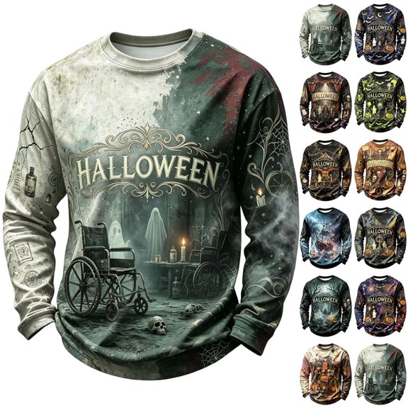 Havenx Mens Halloween T Shirts Pumpkin Print Waffle-Knit Shirts Long Sleeve Crew Neck T-Shirts Fashion Funny Spooky Scary Lightweight Tee Tops,Blue 4XL