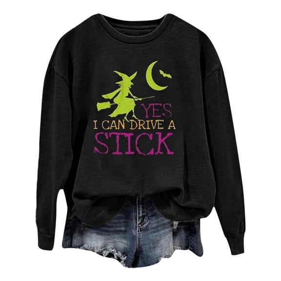 WEIWEN Halloween Sweatshirts for Women Yes I Can Drive A Stick Witch Sweaters Fall Outfits for Women Witch Shirts Plus Size Tops Women's Clothing Black, S